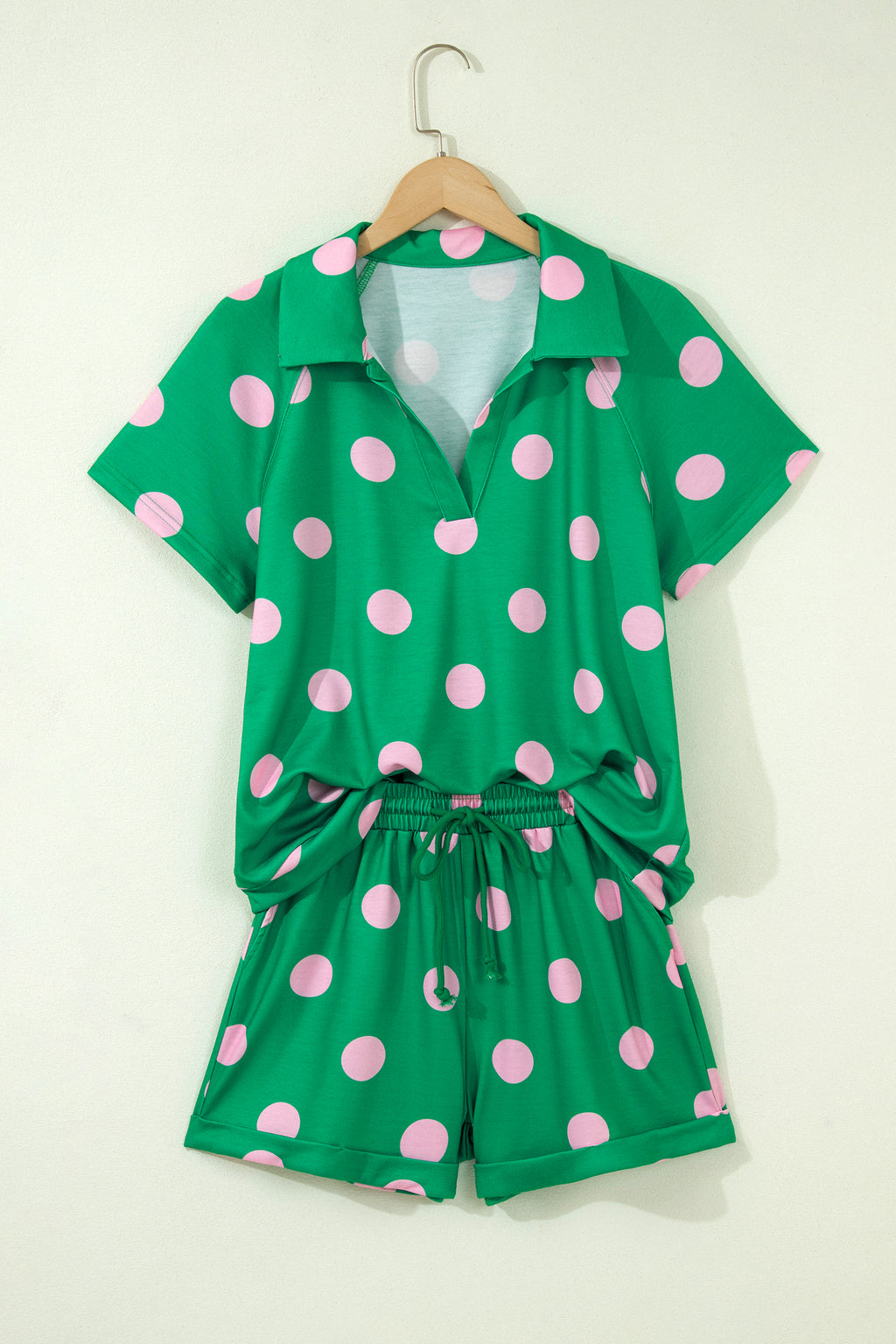 Beige Polka Dot Print V Neck Tee Short Set