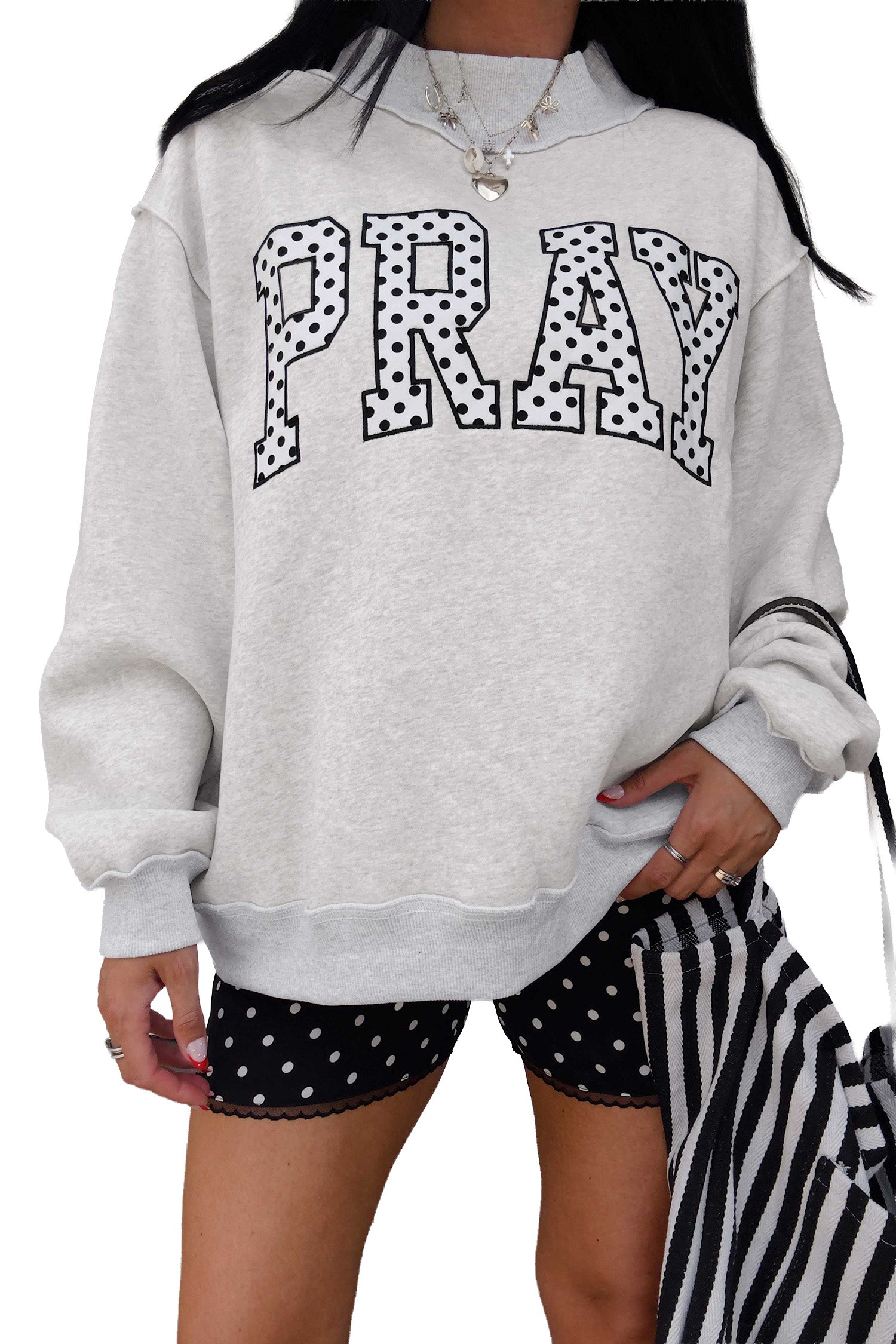 Gray PRAY Polka Dot Embroidered Mock Neck Sweatshirt