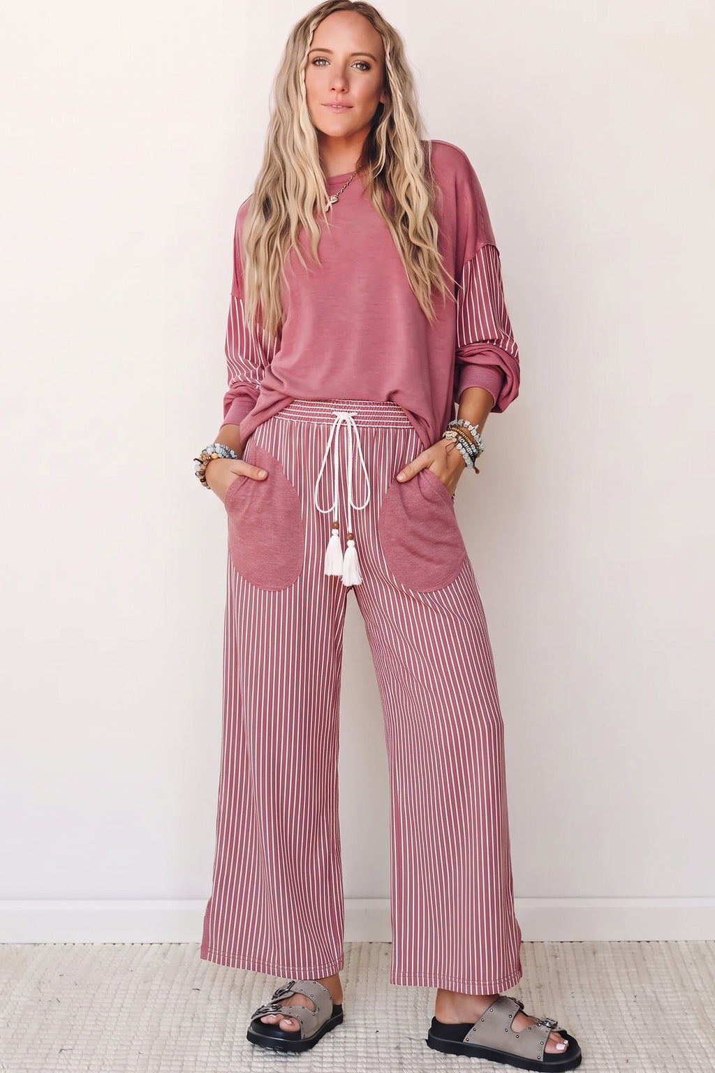 Real Teal Raw Seam Patchwork Long Sleeve Top Pocket Casual Pants 2pcs Set