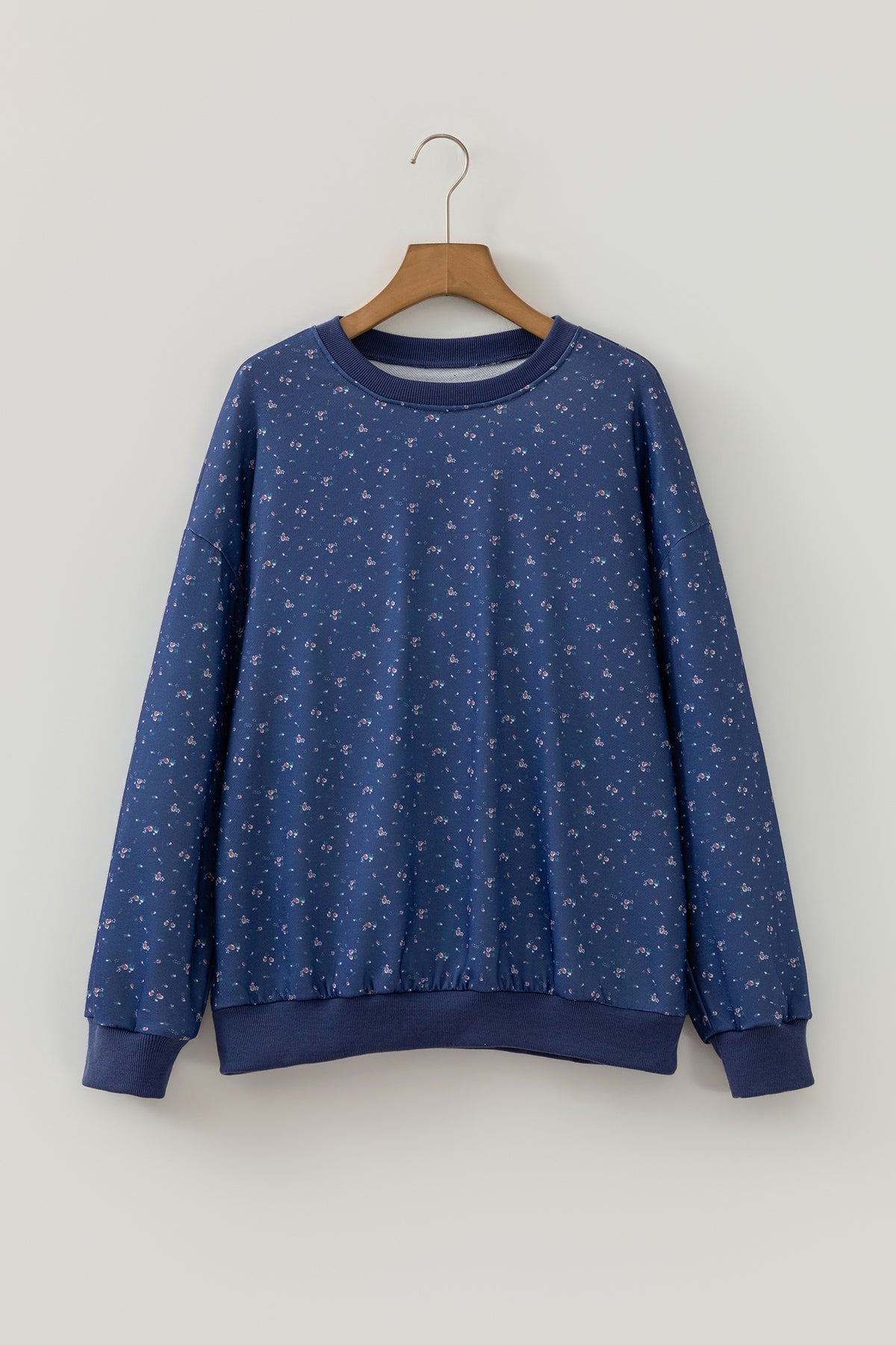 Dirty blue Floral Print Round Neck Dropped Shoulder Casual Pullover Sweatshirt