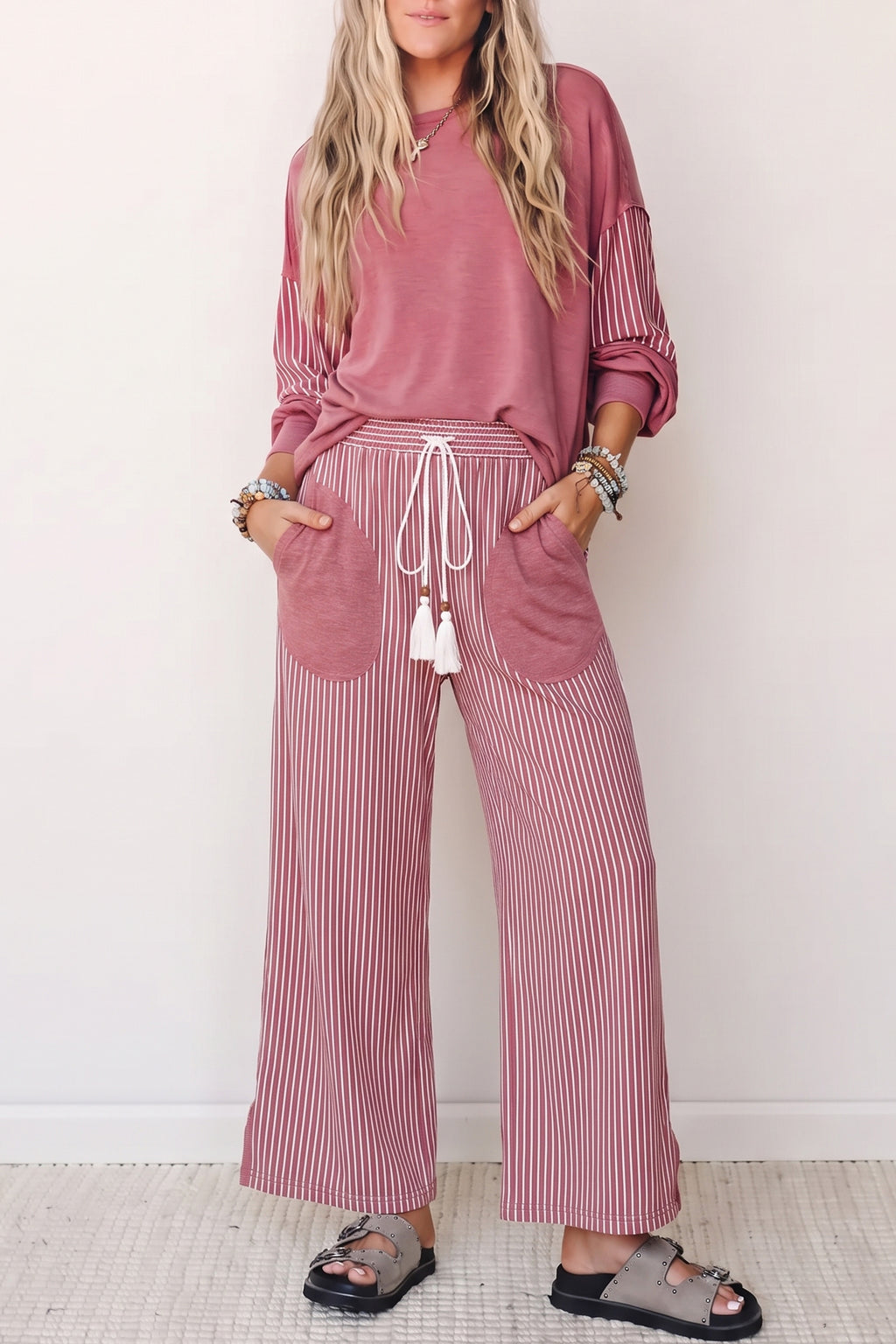 Real Teal Raw Seam Patchwork Long Sleeve Top Pocket Casual Pants 2pcs Set