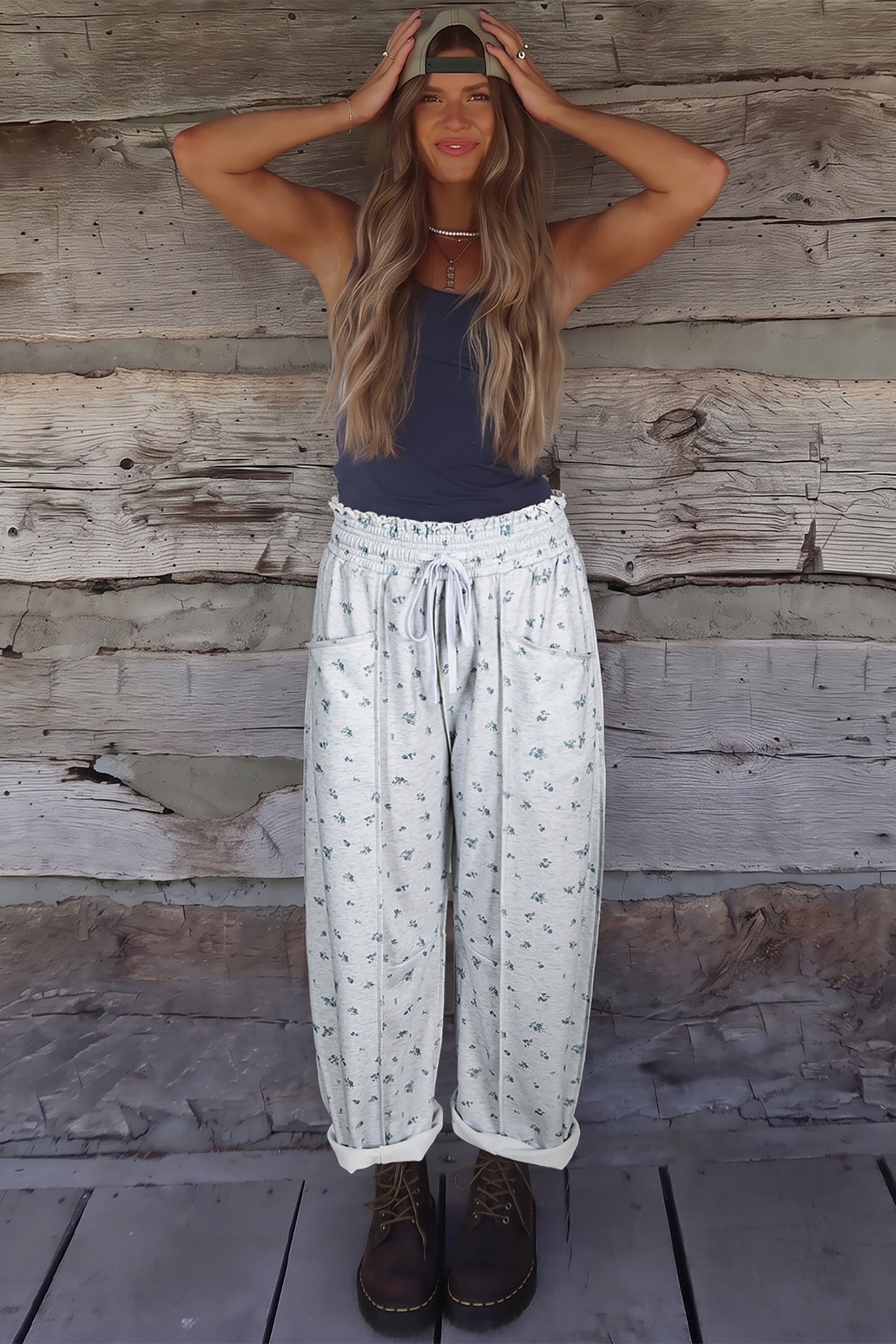 Gray Floral Print Elastic Waist Regular Fit Pants