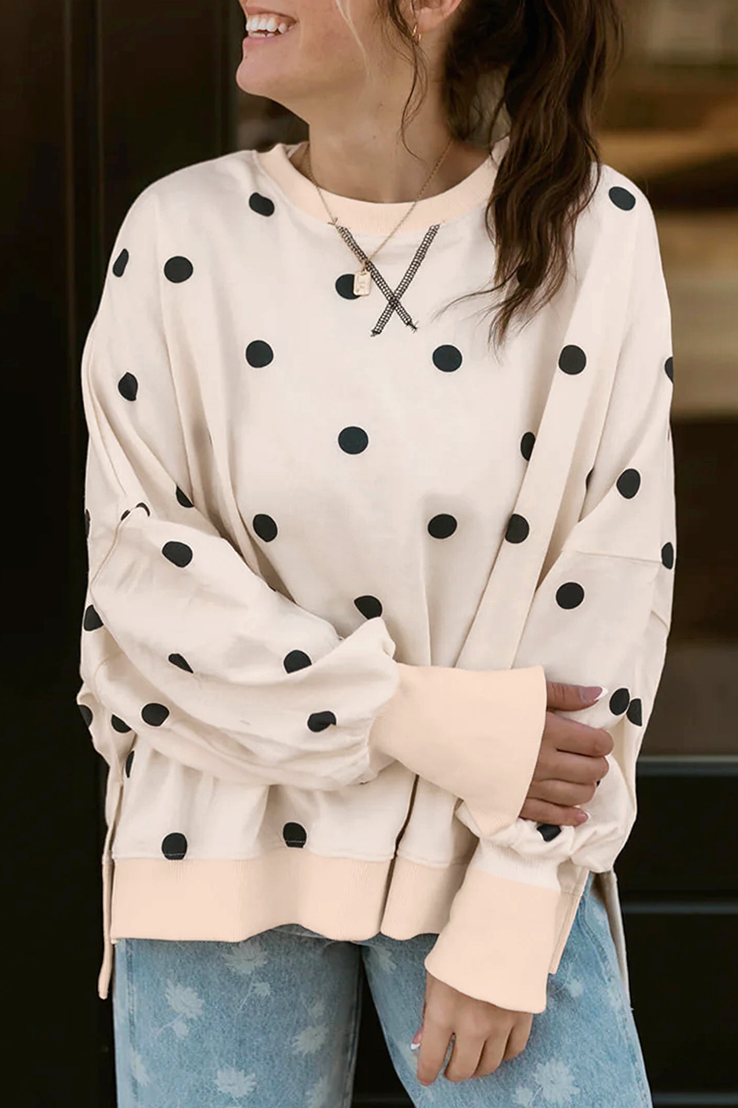 Beige Loose-fit Long Sleeve Round Neck Polka Dot Tunic Sweatshirt