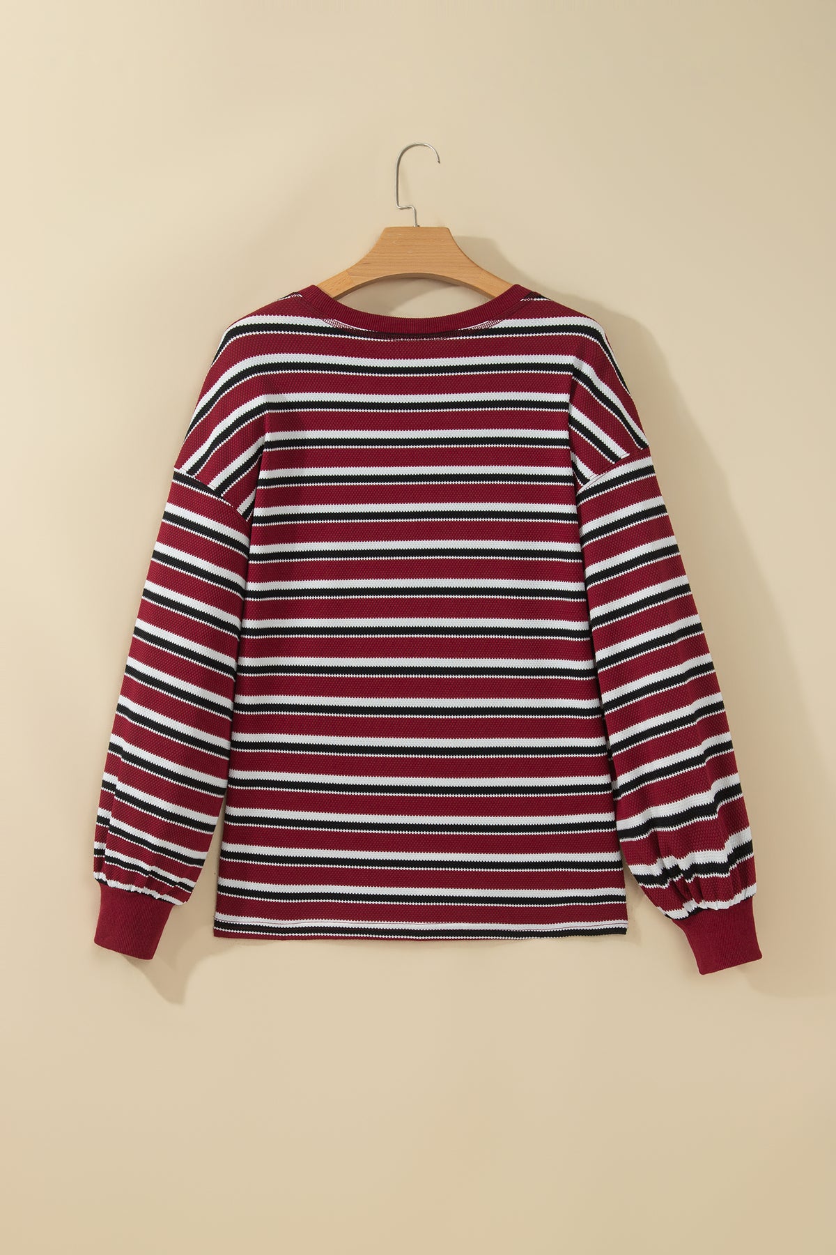 Red Stripe Dropped Shoulder Long Puff Sleeve Top