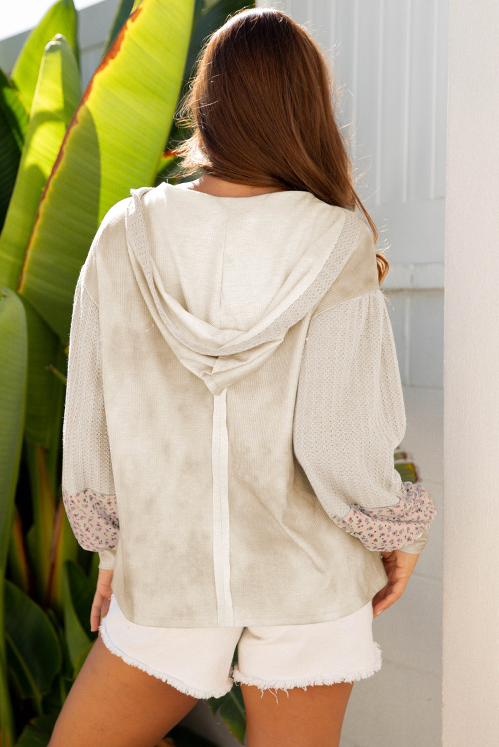 Green Floral Patched Waffle Textured Colorblock V Neck Casual Hooded Top