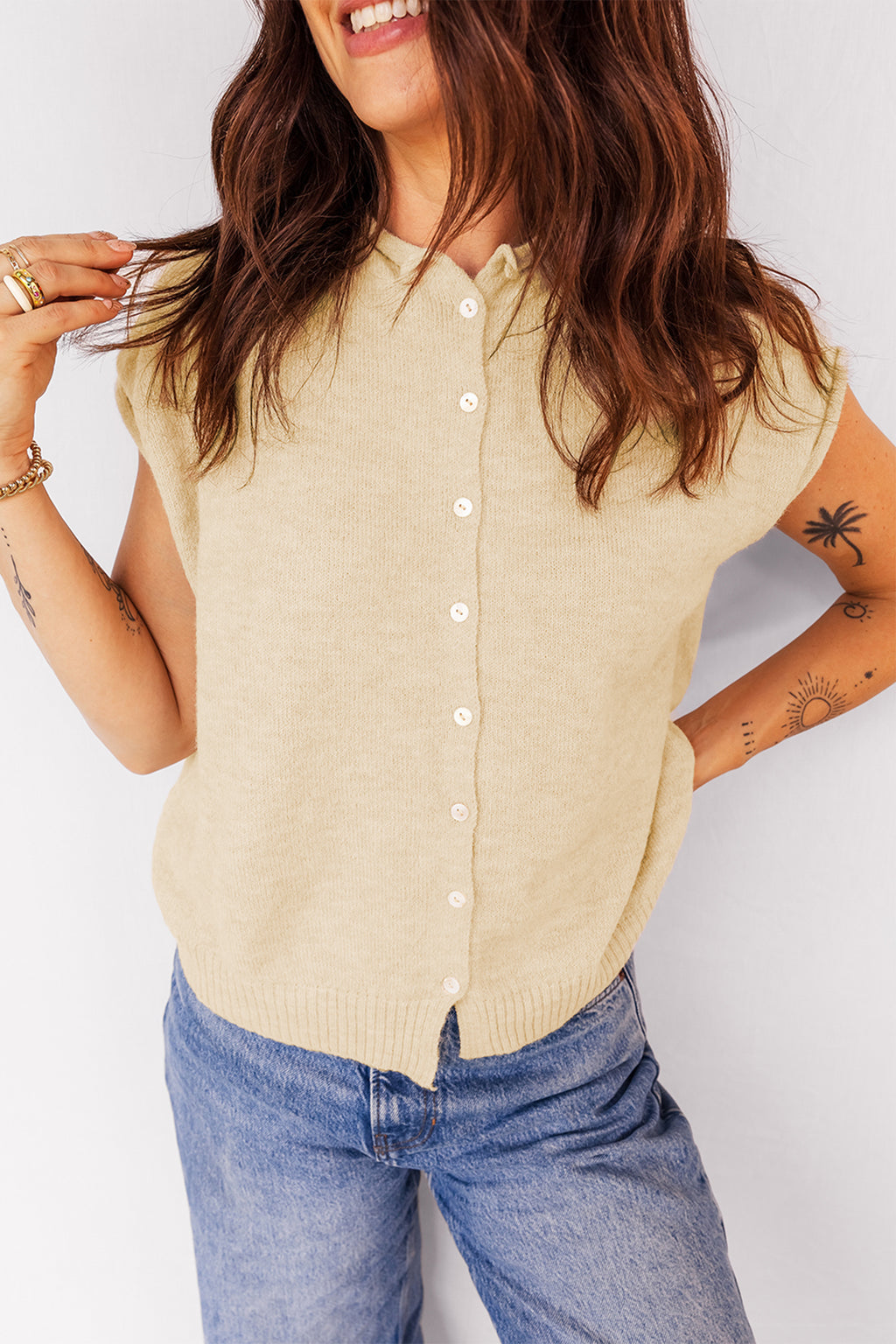 Apricot Buttoned Front Rolled Hem Cap Sleeve Sweater Top