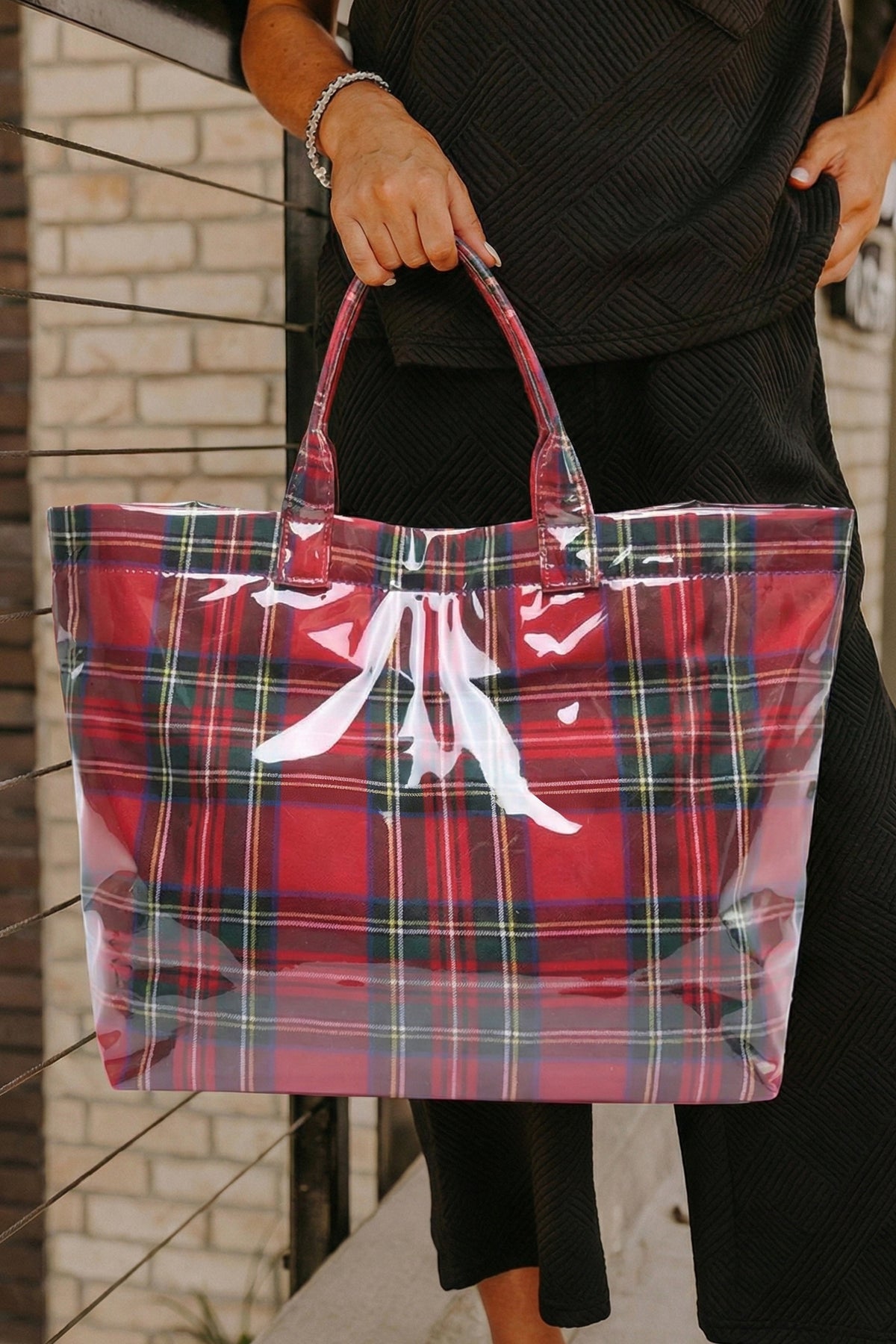 Color black Plaid Pattern PVC Glossy Waterproof Tote Bag