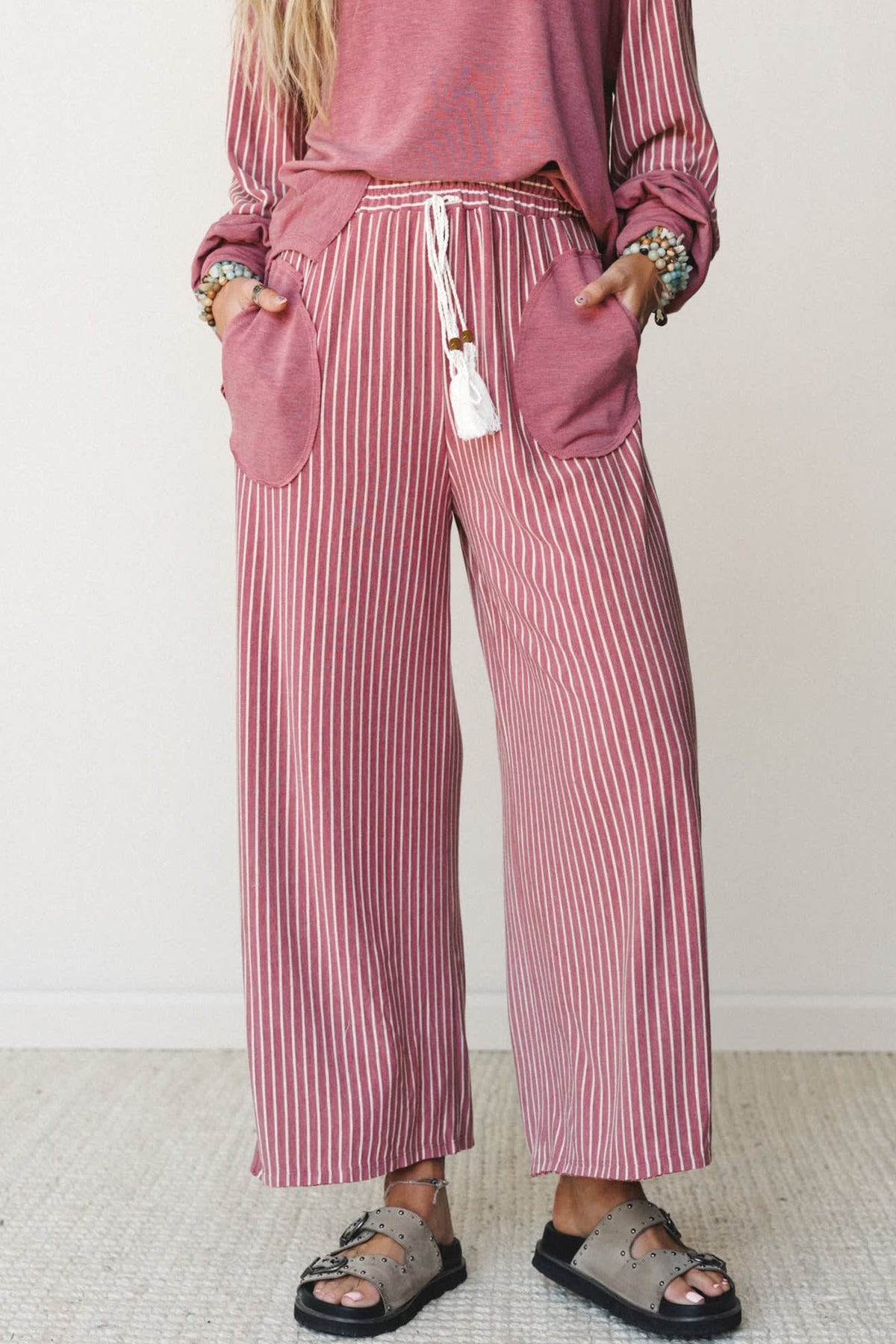 Real Teal Raw Seam Patchwork Long Sleeve Top Pocket Casual Pants 2pcs Set
