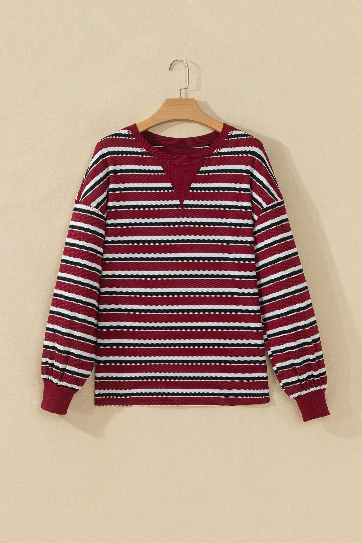 Red Stripe Dropped Shoulder Long Puff Sleeve Top
