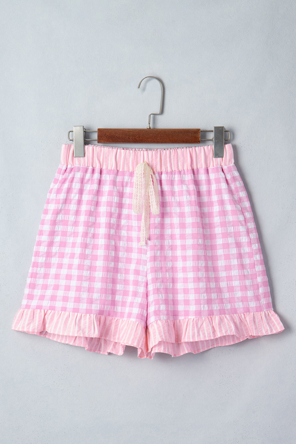Red Gingham Print Ruffle Striped Detail Lace Tie Shorts