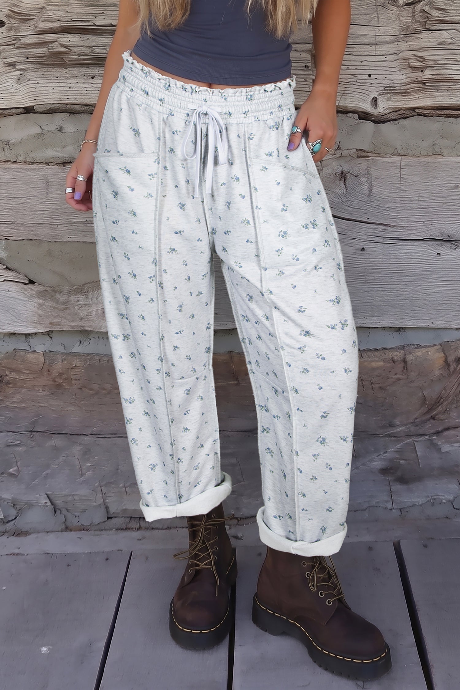 Gray Floral Print Elastic Waist Regular Fit Pants