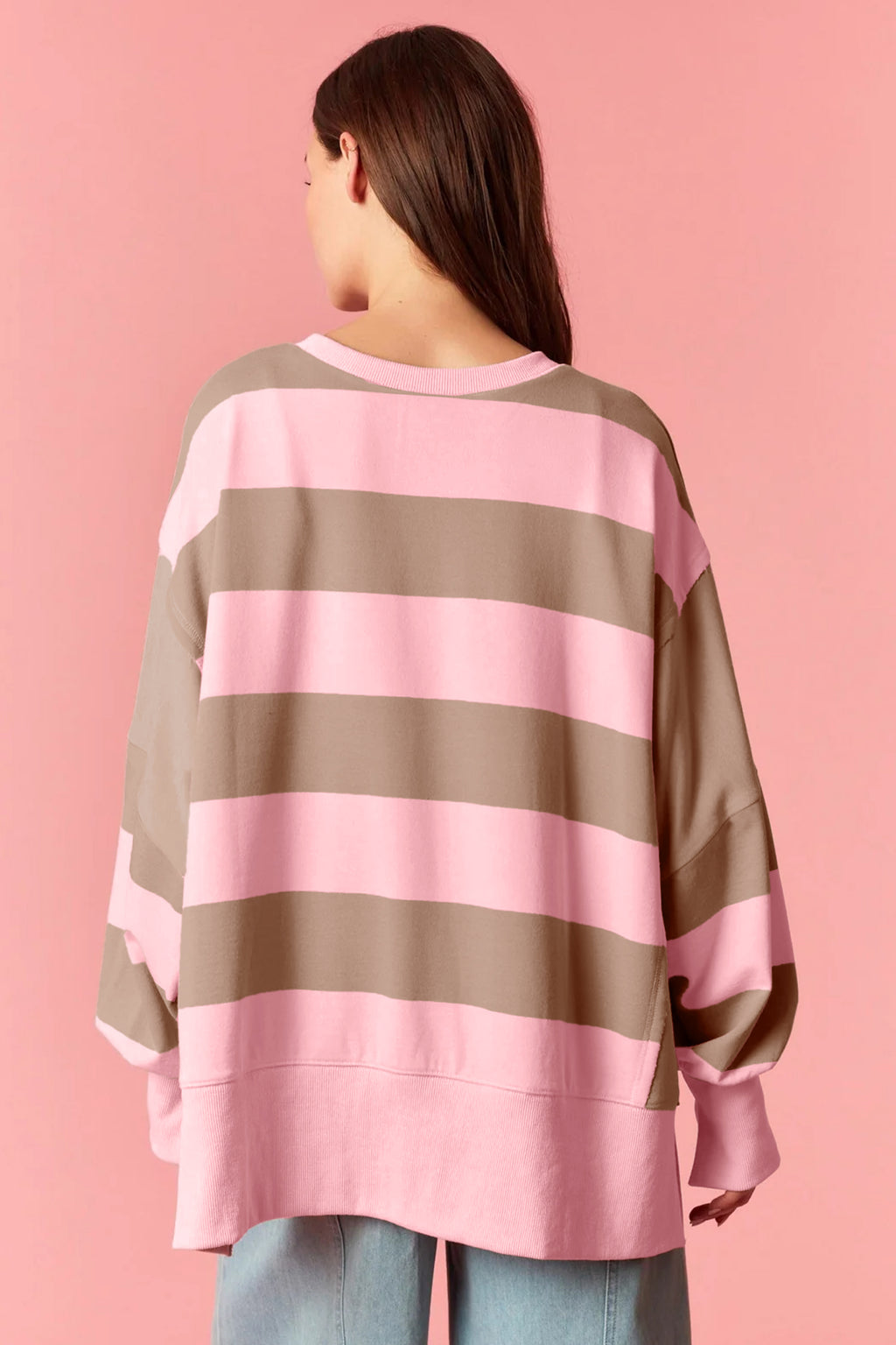 Pink Stripe Striped Colorblock Patch Pocket Split Hem Oversized Long Sleeve Sweatshirt