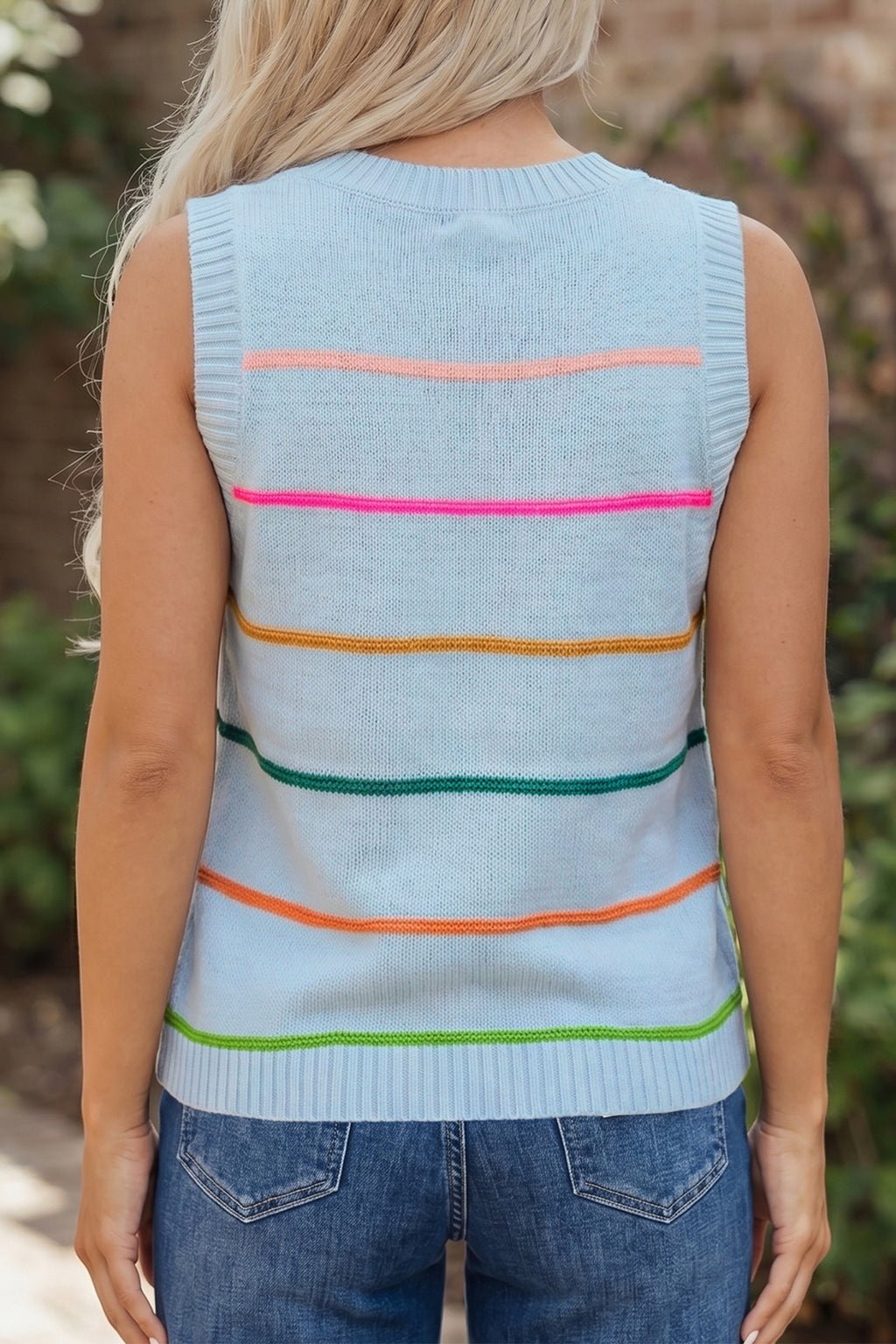 White Stripe Round Neck Knitted Sweater Tank