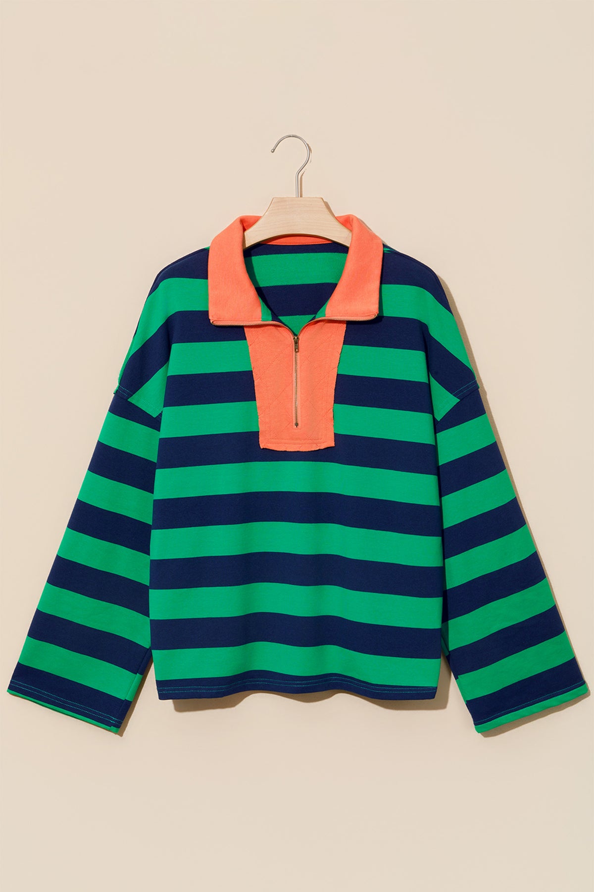 Green Stripe Quarter-Zip Metal Zipper Cover Stitch Hem Top
