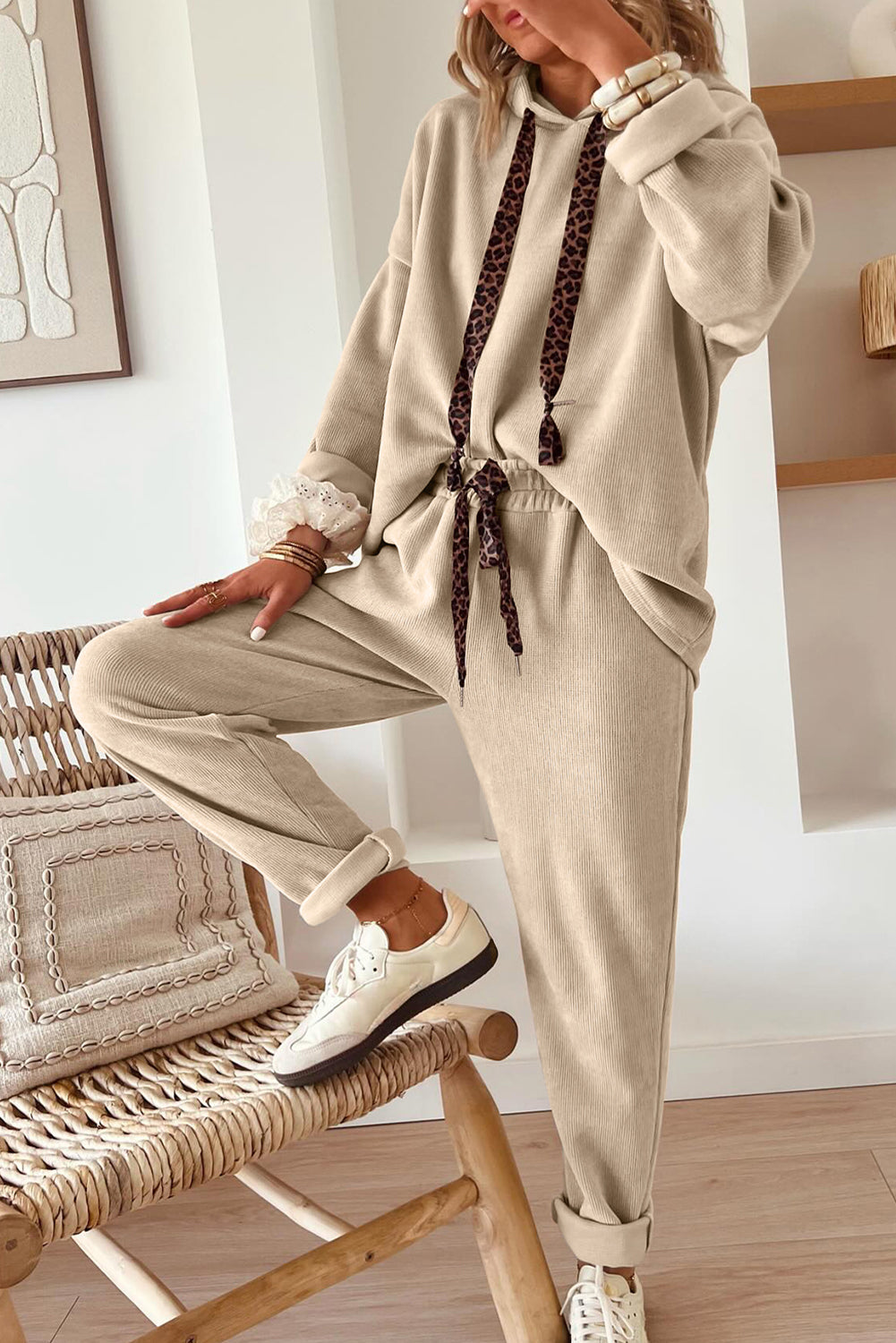 Jet Stream Lace Drawstring Pullover Hoodie and High Waist Pants Corduroy Suit