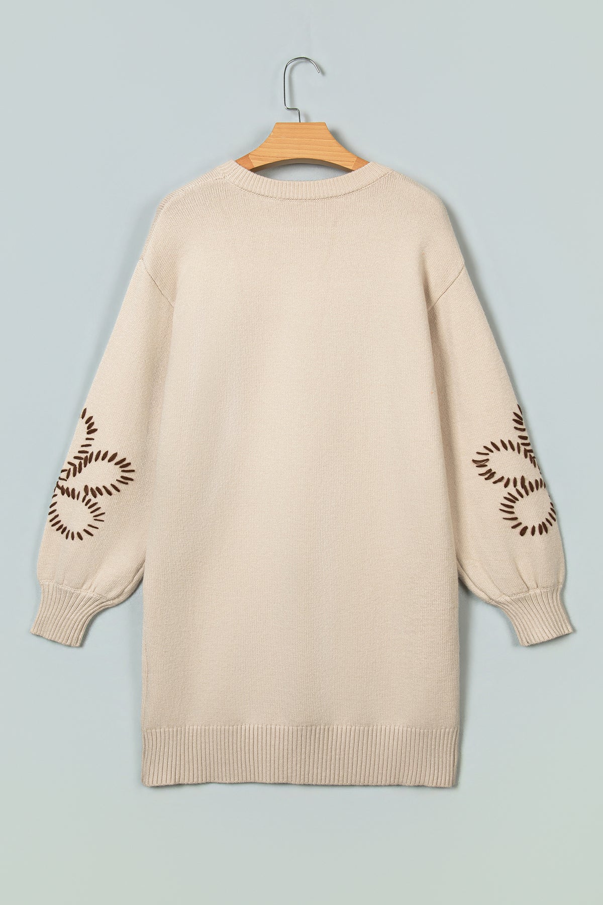 Parchment Floral Pattern Round Neck Puff Sleeve Shift Sweater Dress