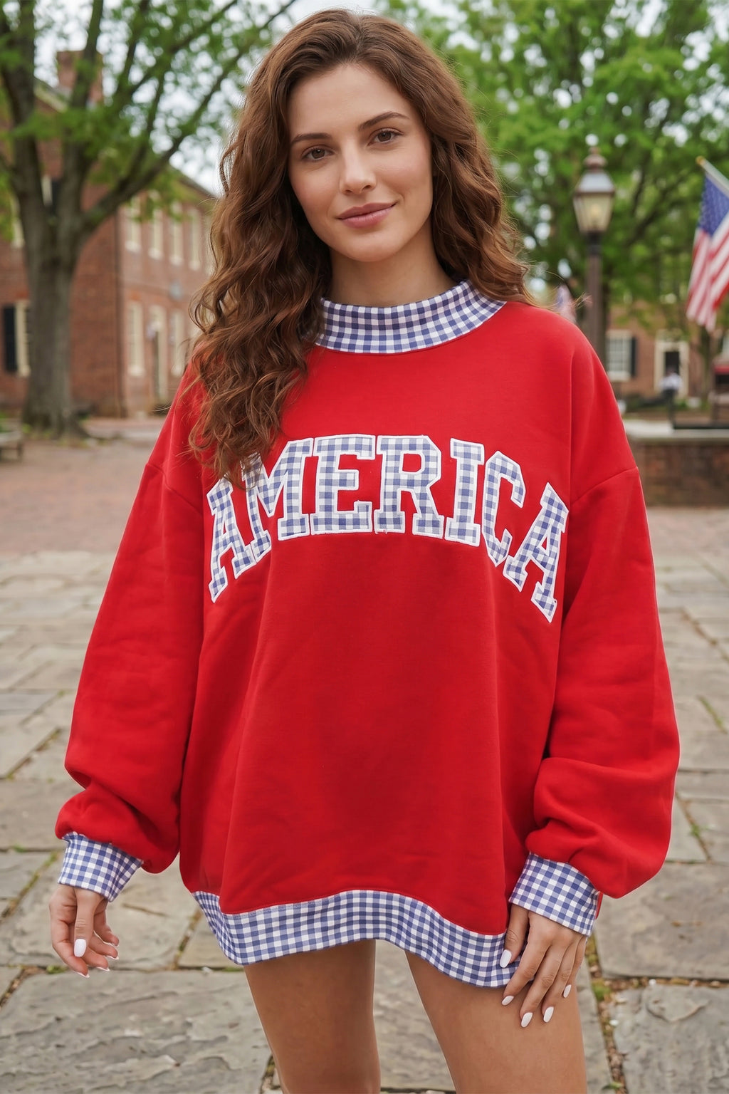 Red Plaid Trim High Neck AMERICA/ USA Letter Graphic Baggy Sweatshirt