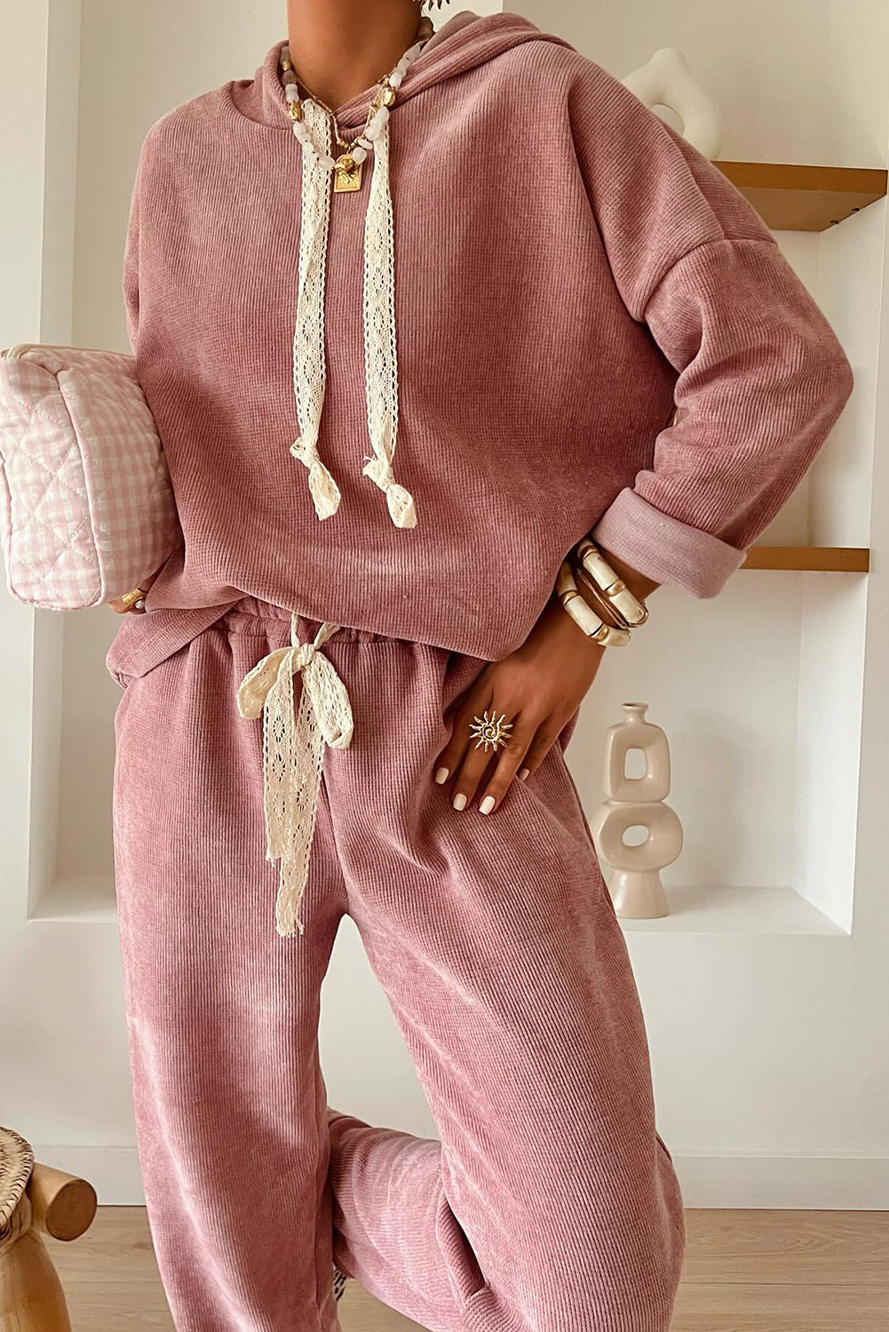 Jet Stream Lace Drawstring Pullover Hoodie and High Waist Pants Corduroy Suit