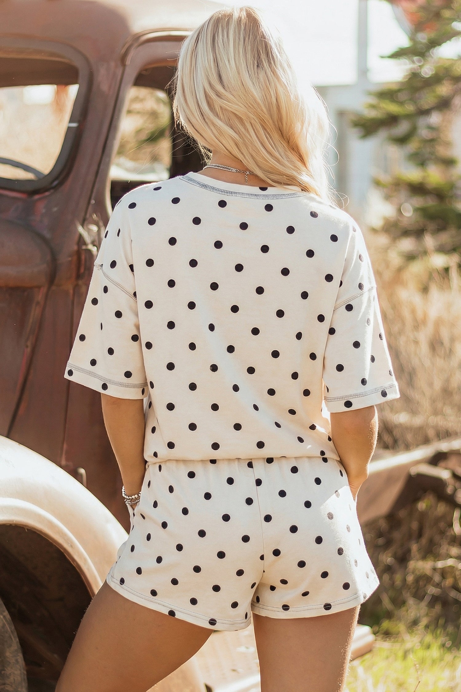 Sky Blue Exposed Seam Detail Polka Dot Loose Tee Drawstring Shorts Set
